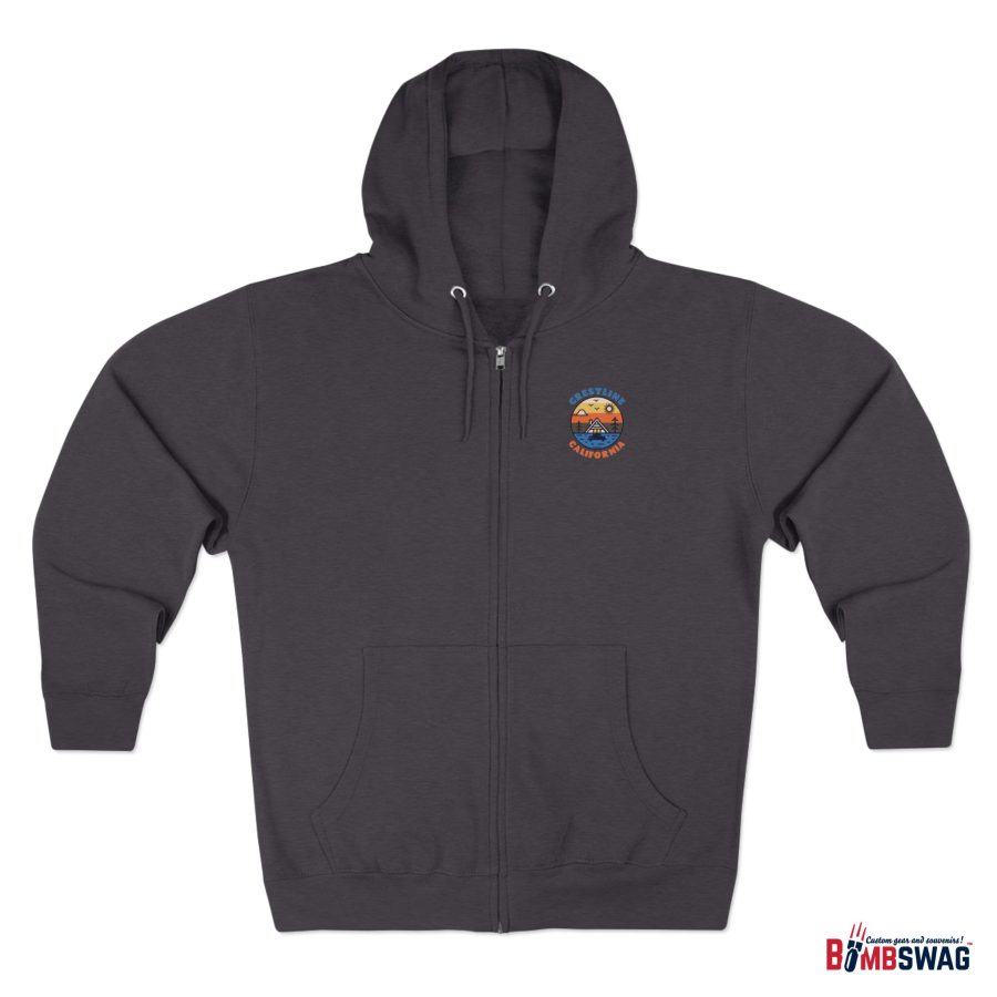 crestline, ca premium zip hoodie with our lakeside cabin sunset design