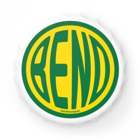 bend rounded typeface bottle opener and refrigerator magnet in green and yellow