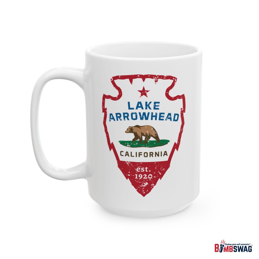 lake arrowhead coffee mug with our signature arrowhead in the style of the california state flag