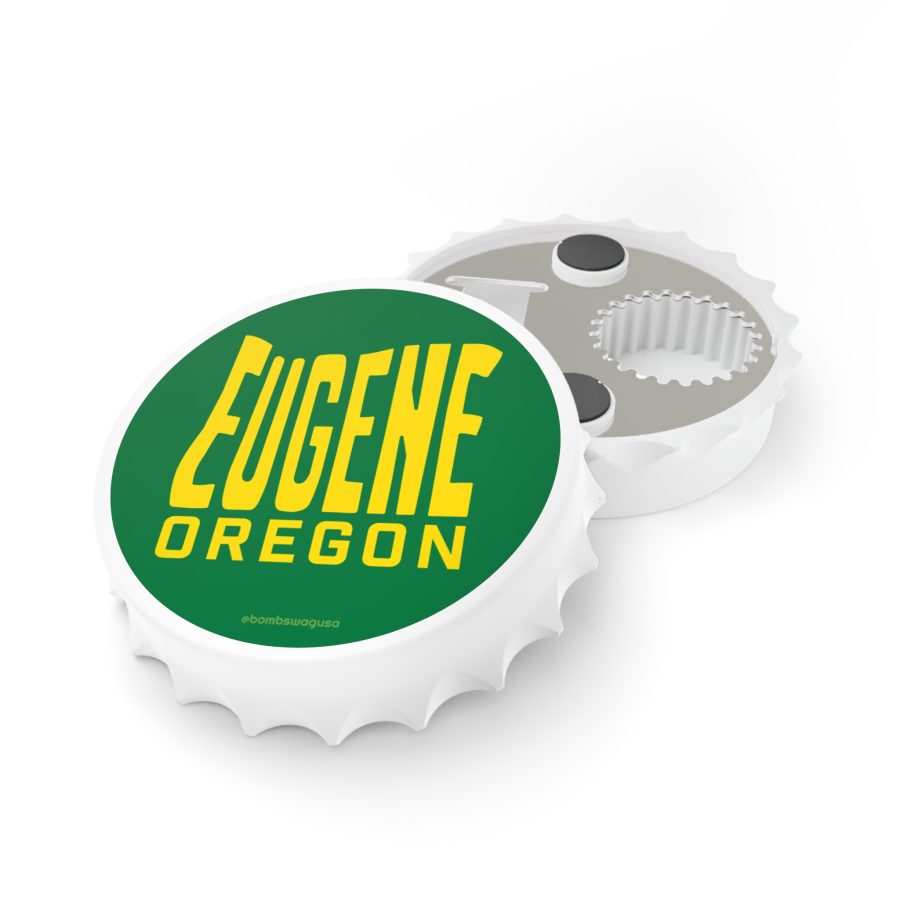 eugene oregon bottle opener refrigerator magnet with state shaped typeface in green and yellow
