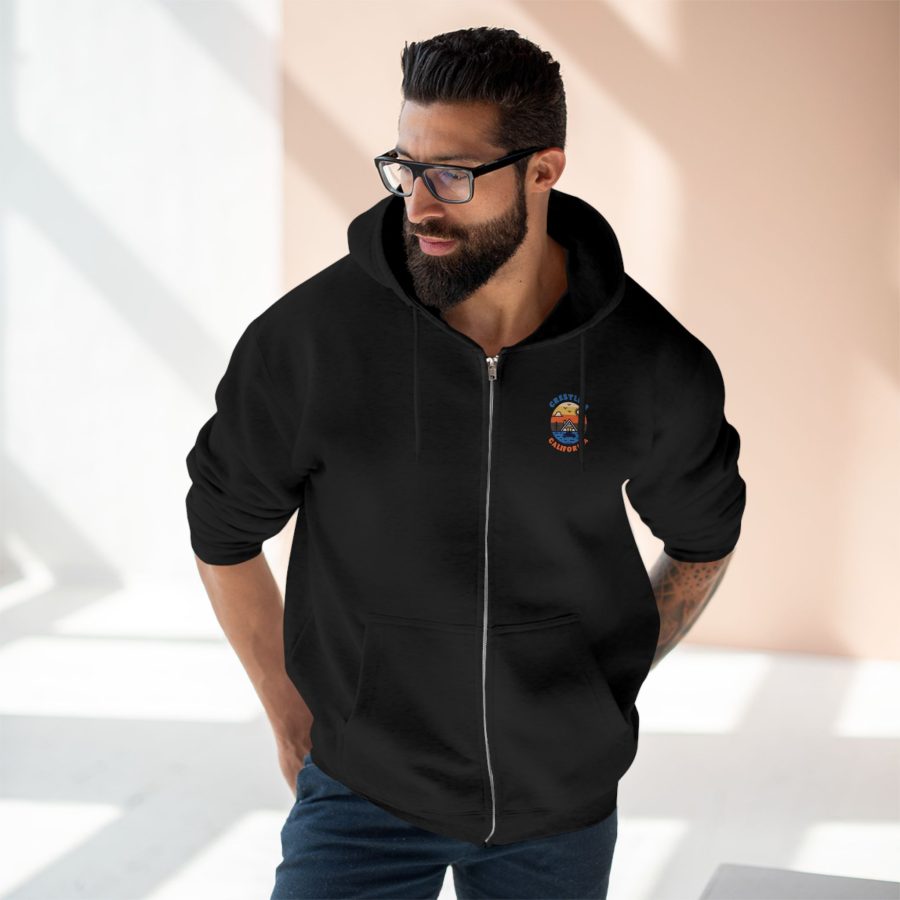 crestline, ca premium zip hoodie with our lakeside cabin sunset design