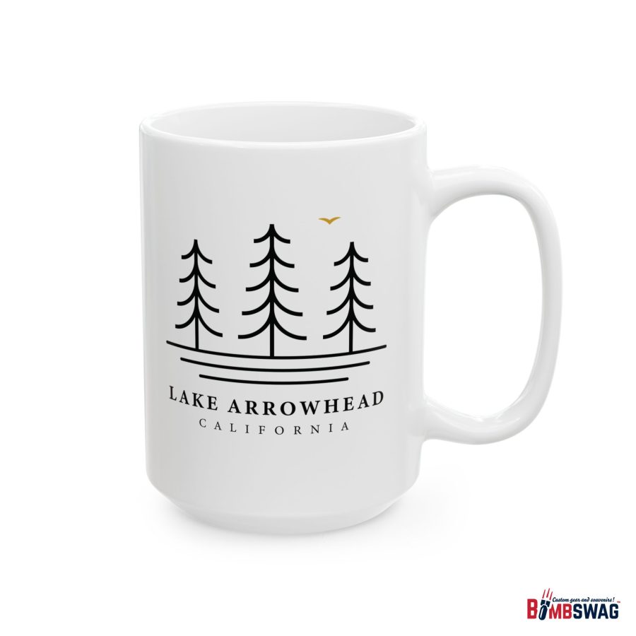 lake arrowhead coffee mug with our three tree and water line art