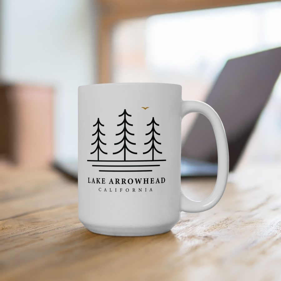 lake arrowhead coffee mug with our three tree and water line art