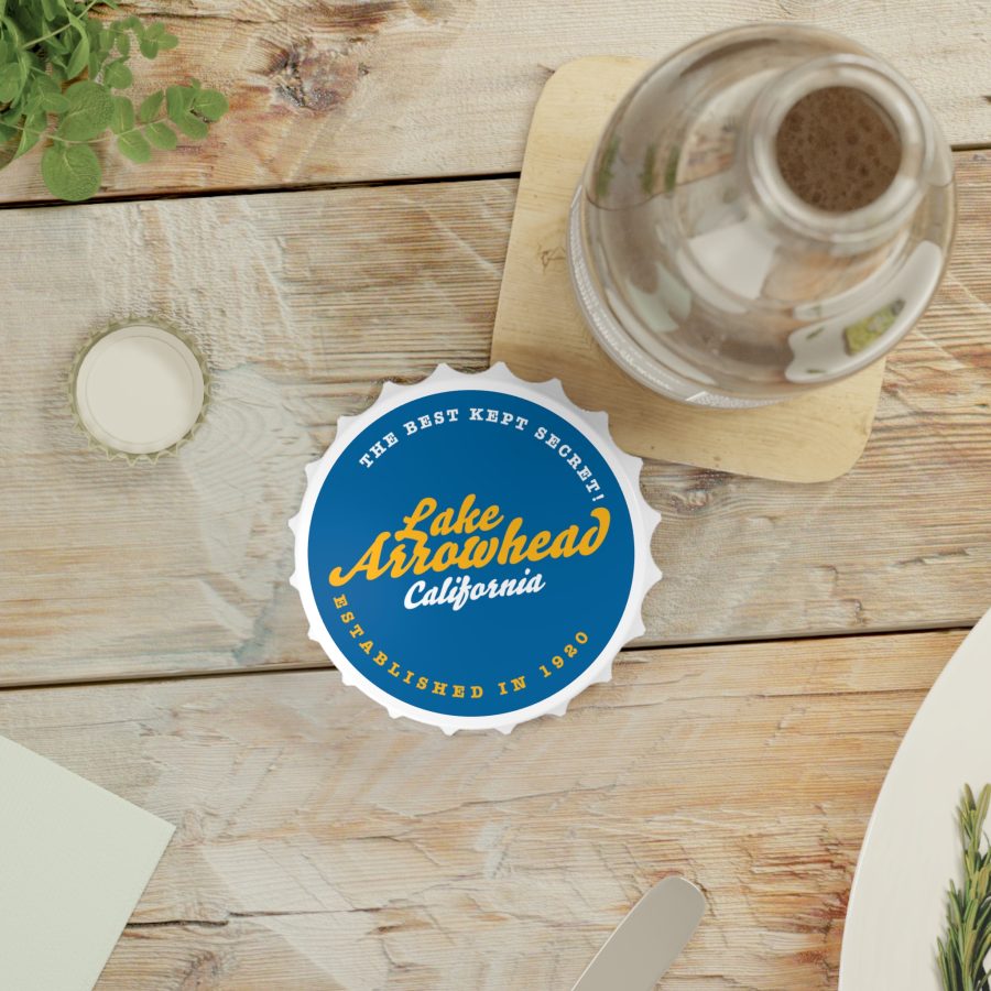 lake arrowhead bottle opener refrigerator magnet with our gold on blue "best kept secret" design