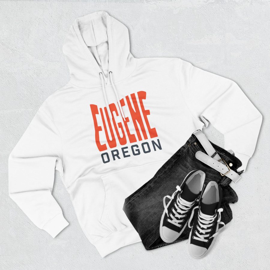 eugene oregon premium hoodie with custom state shaped typeface