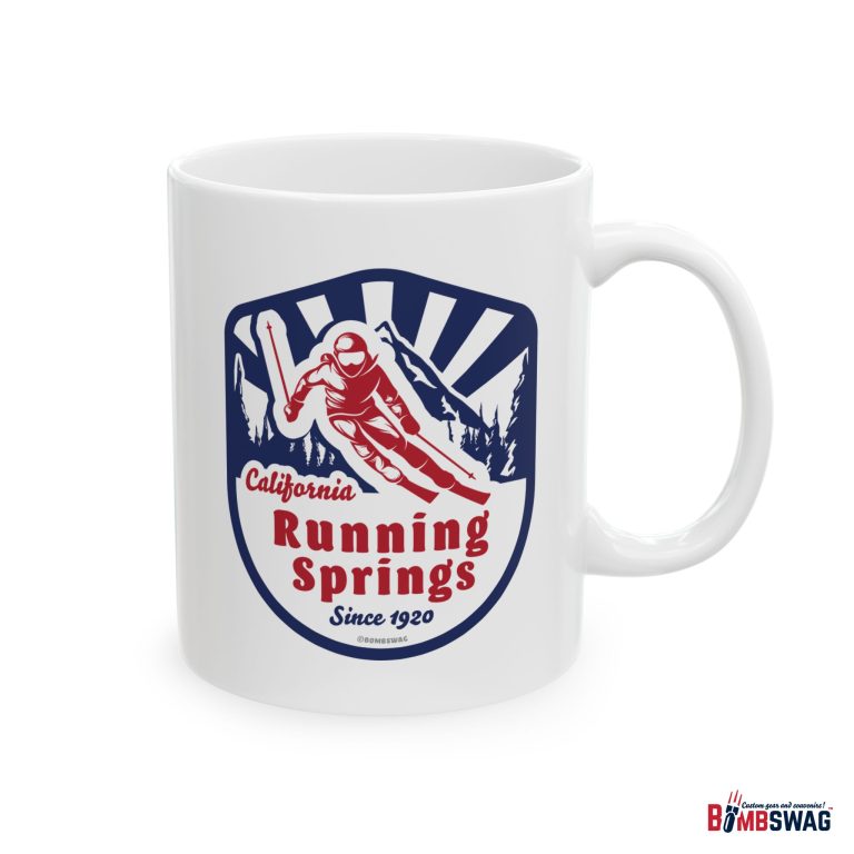 running springs coffee mug with our classic snow ski badge design