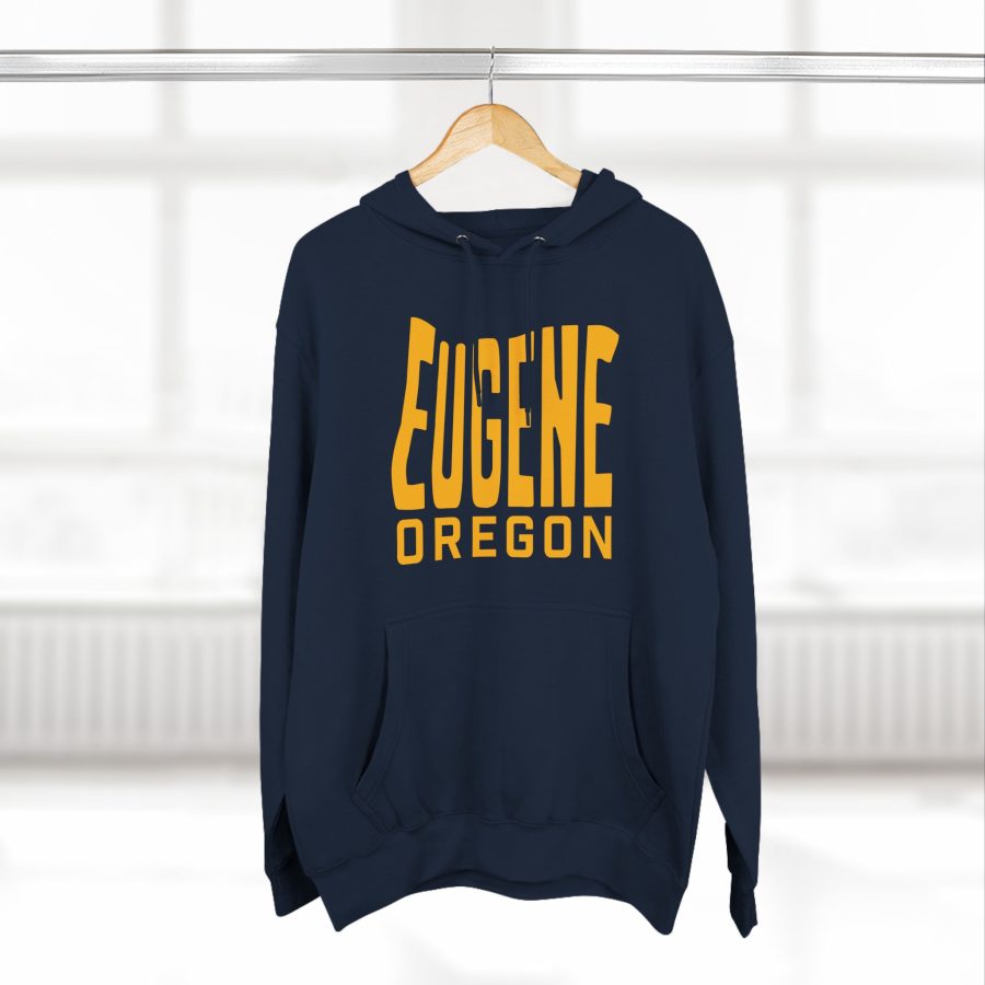 eugene oregon premium hoodie with custom state shaped typeface