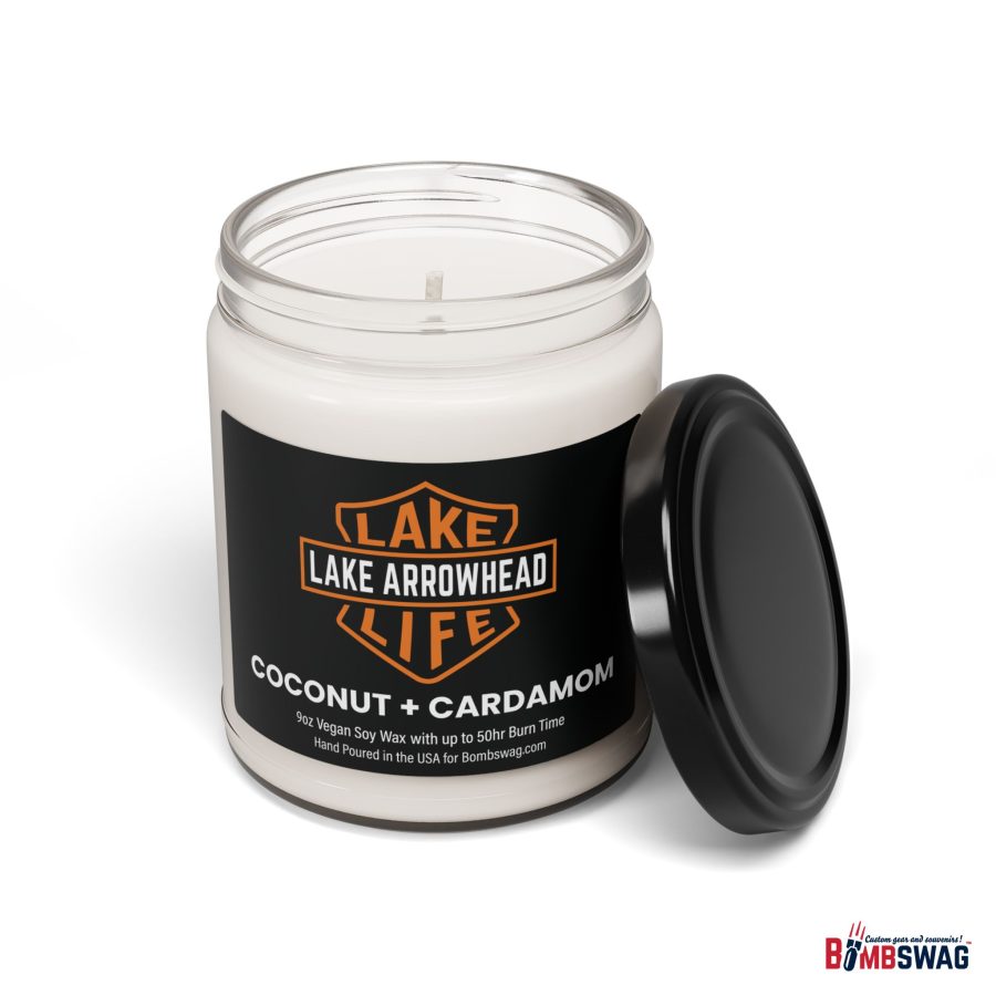 lake arrowhead candle with our signature lake life shield label art 9oz blended soy wax