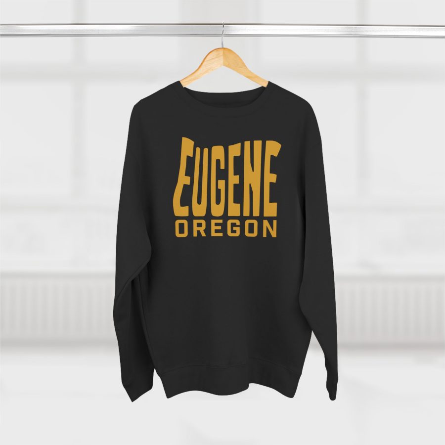 eugene premium crewneck sweatshirt with custom state shaped typeface