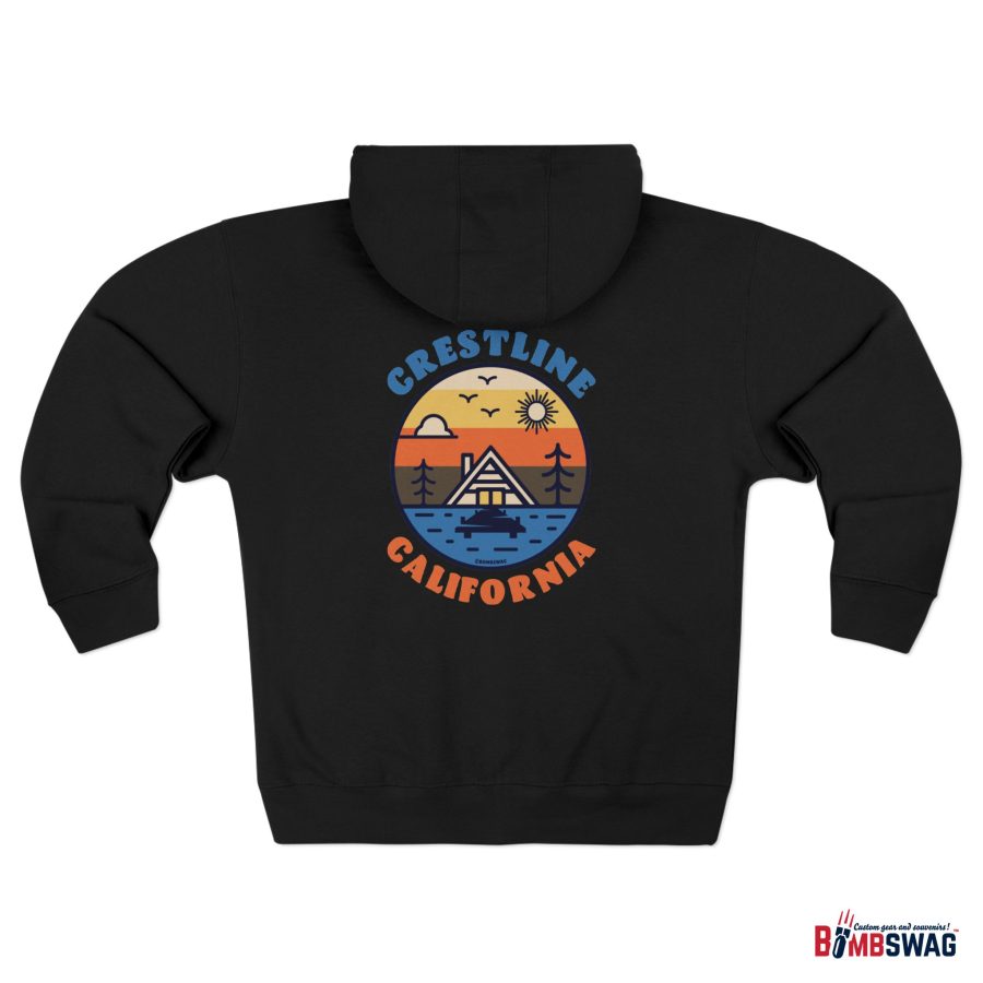 crestline, ca premium zip hoodie with our lakeside cabin sunset design