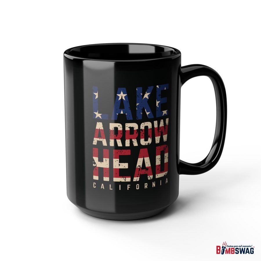 lake arrowhead black coffee mug styled with the american flag