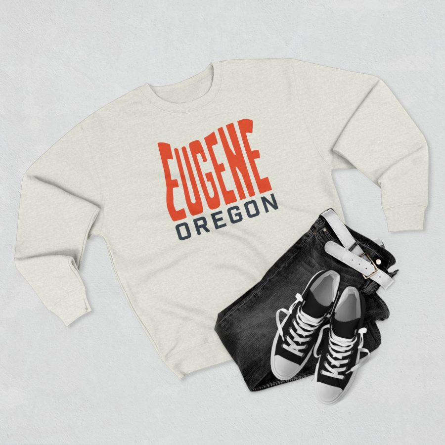 eugene premium crewneck sweatshirt with custom state shaped typeface