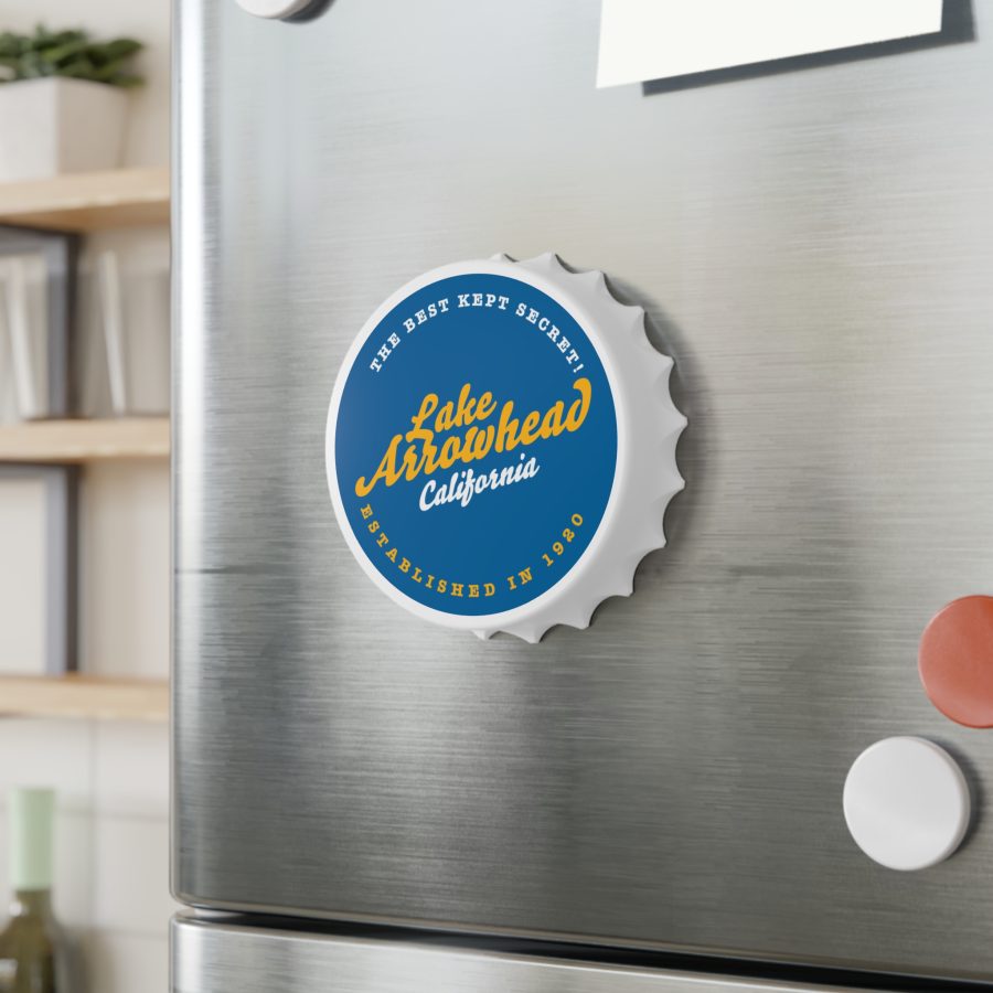 lake arrowhead bottle opener refrigerator magnet with our gold on blue "best kept secret" design