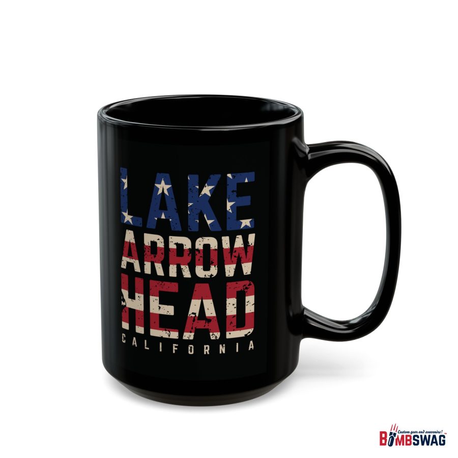 lake arrowhead black coffee mug styled with the american flag