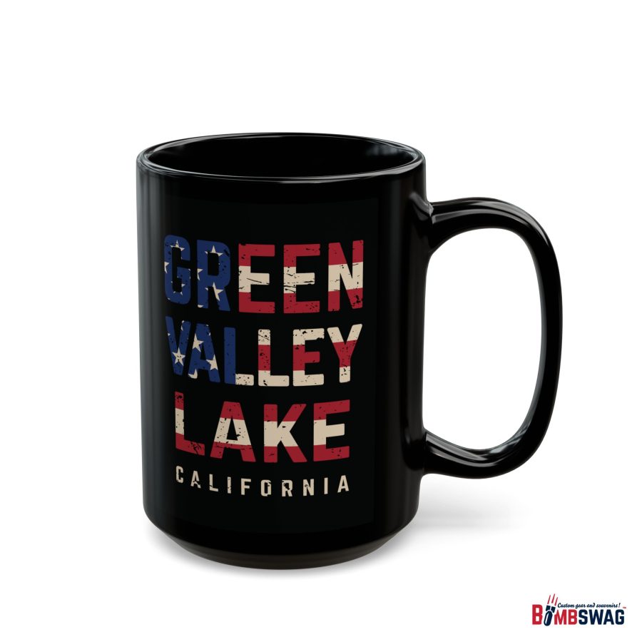 green valley lake black coffee mug styled with the american flag