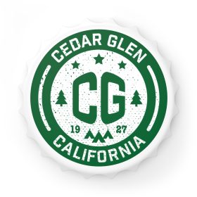 cedar glen bottle opener refrigerator magnet with our cg, stars, and tents design