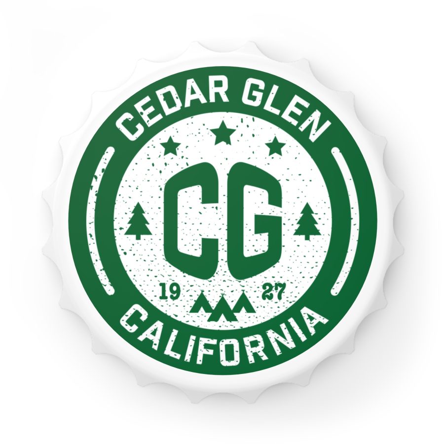 cedar glen bottle opener refrigerator magnet with our cg, stars, and tents design