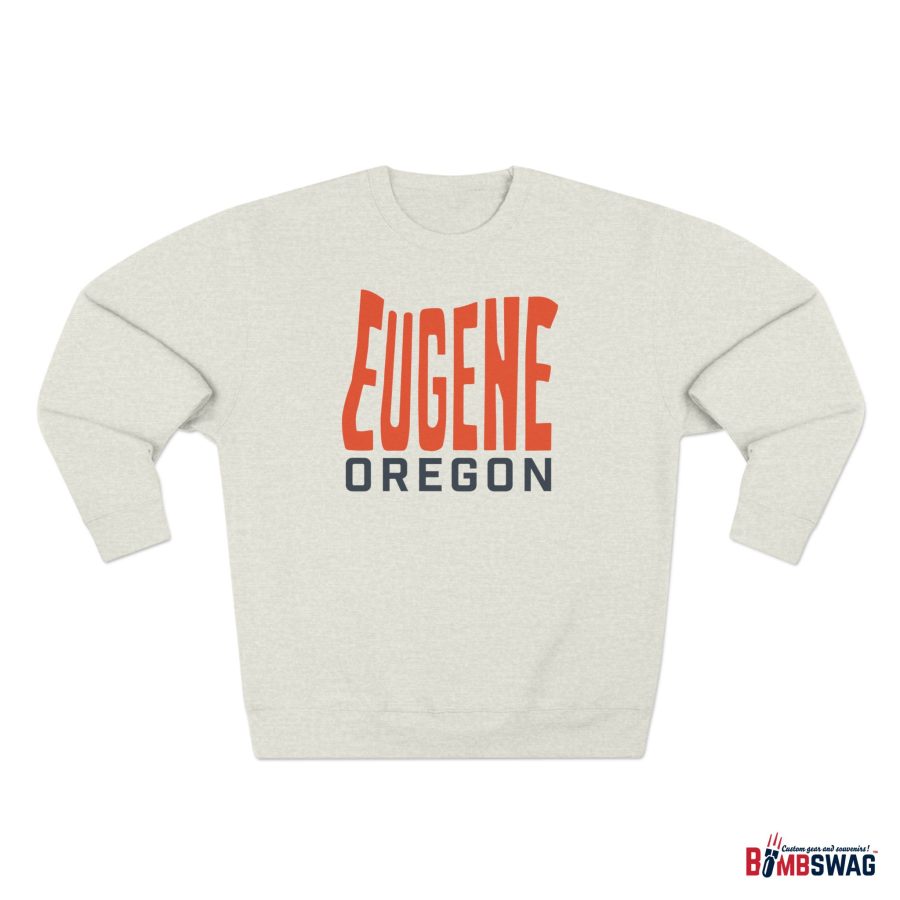 eugene premium crewneck sweatshirt with custom state shaped typeface