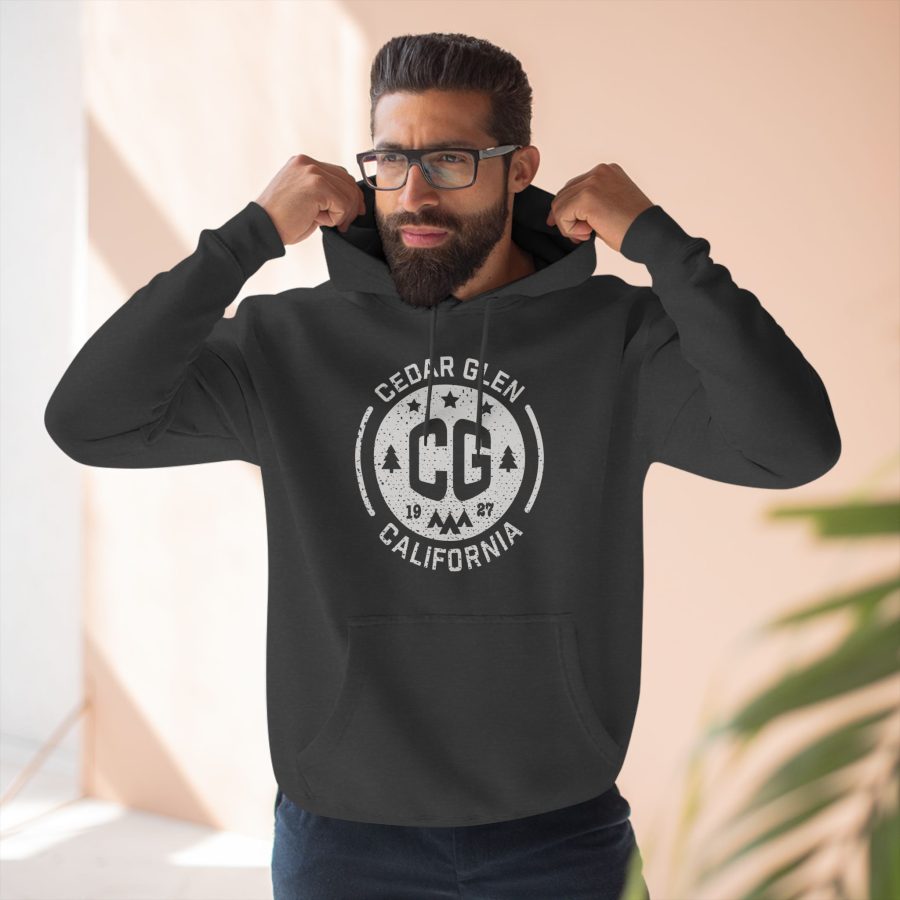 cedar glen premium hoodie with our cg, stars, and tents design