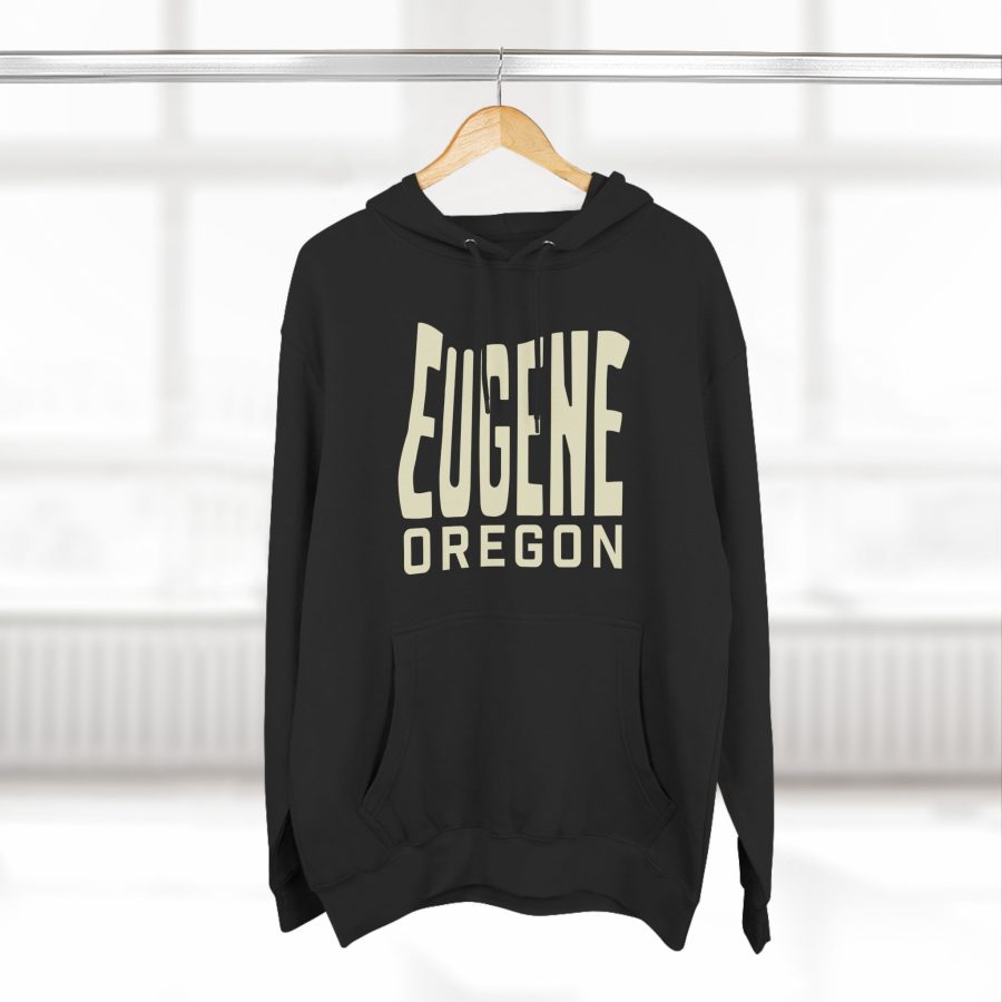 eugene oregon premium hoodie with custom state shaped typeface