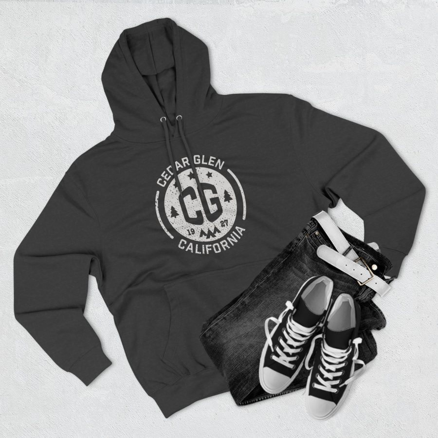 cedar glen premium hoodie with our cg, stars, and tents design