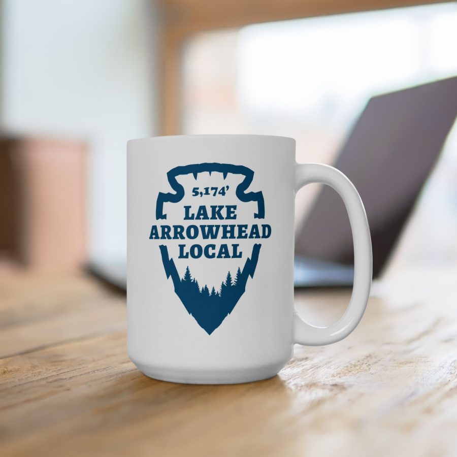 lake arrowhead local mug with our signature arrowhead in blue on white design