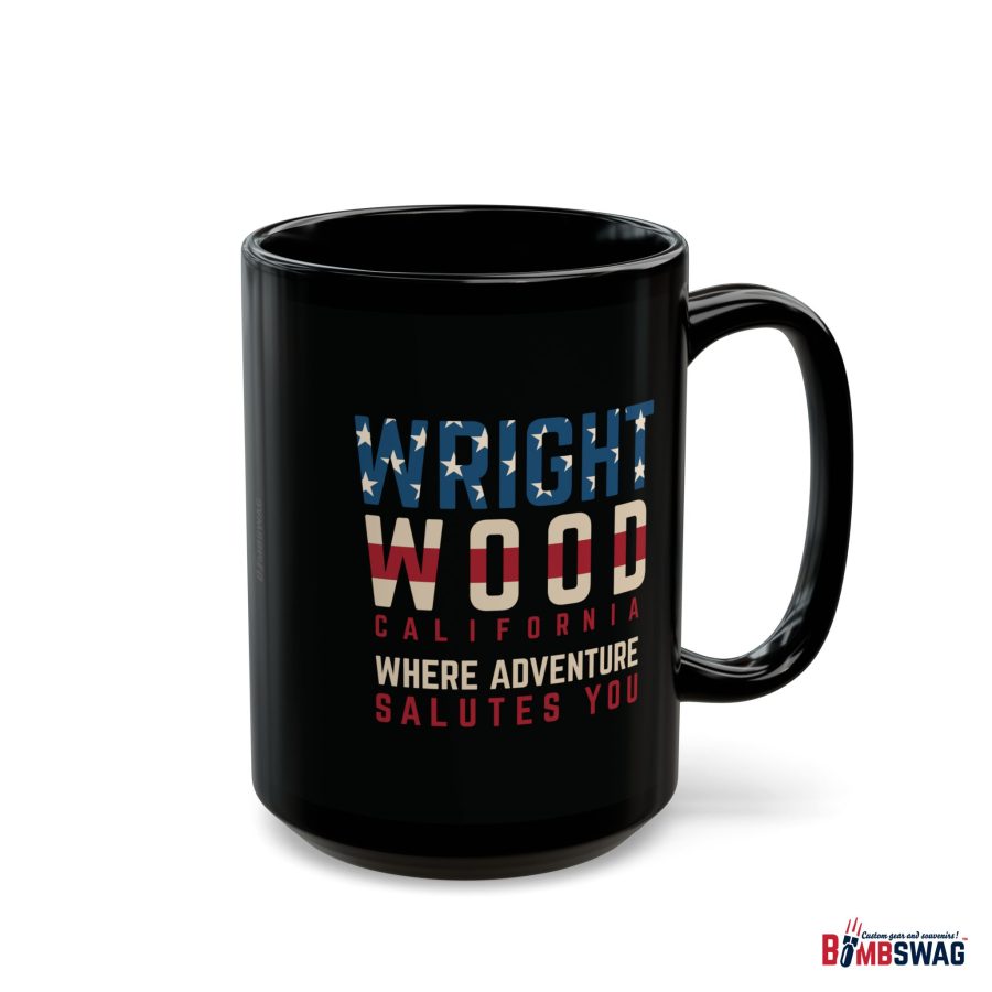 wrightwood, ca black patriotic coffee mug styled as the american flag where adventure salutes you