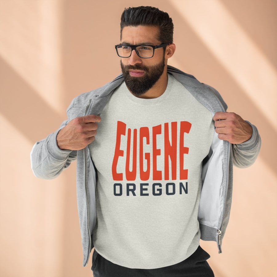 eugene premium crewneck sweatshirt with custom state shaped typeface