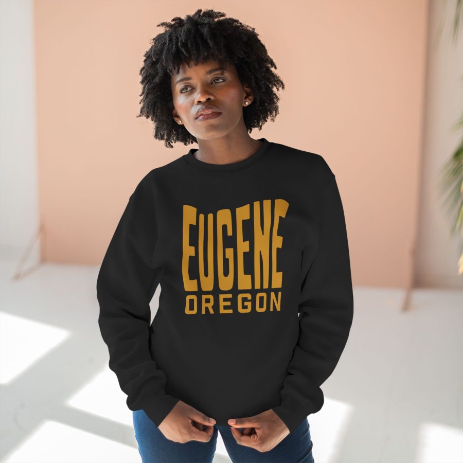 eugene premium crewneck sweatshirt with custom state shaped typeface