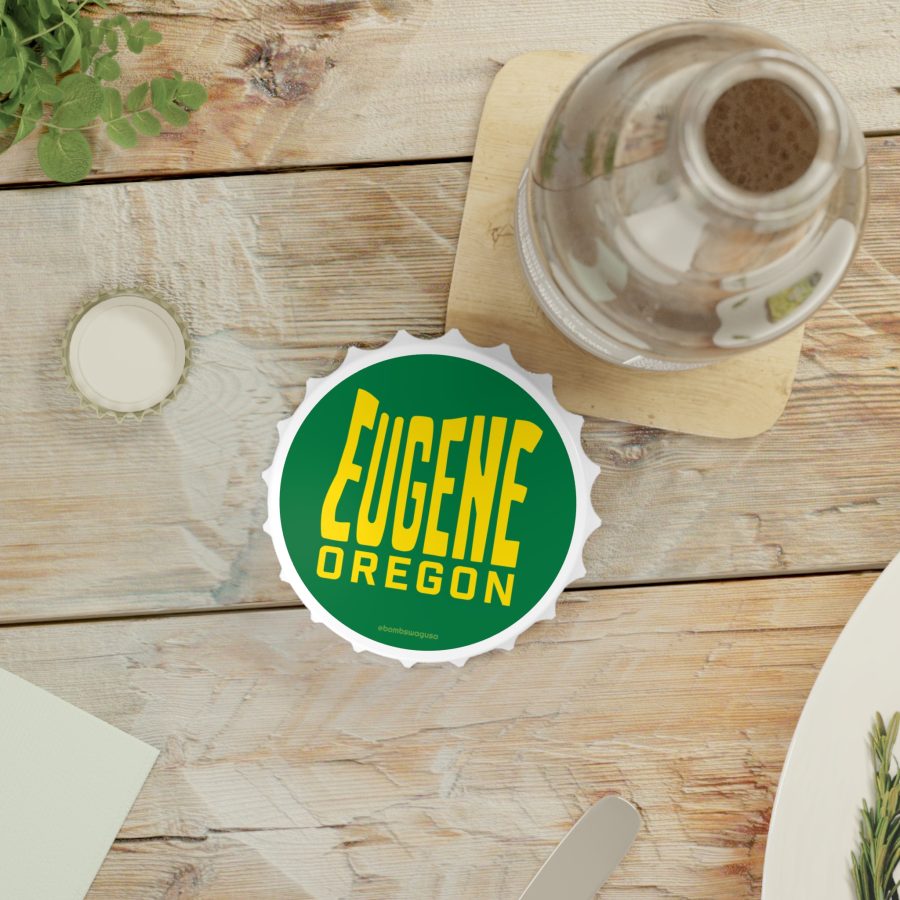 eugene oregon bottle opener refrigerator magnet with state shaped typeface in green and yellow