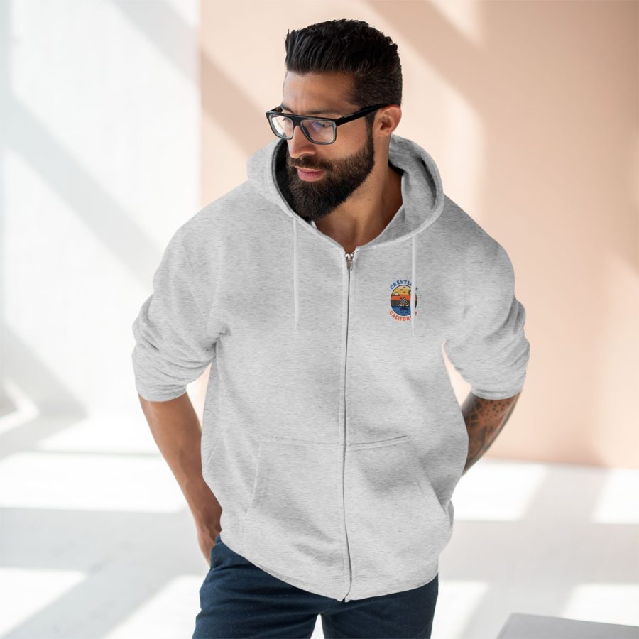 crestline, ca premium zip hoodie with our lakeside cabin sunset design