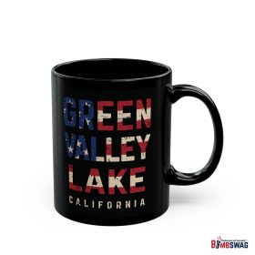 green valley lake black coffee mug styled with the american flag