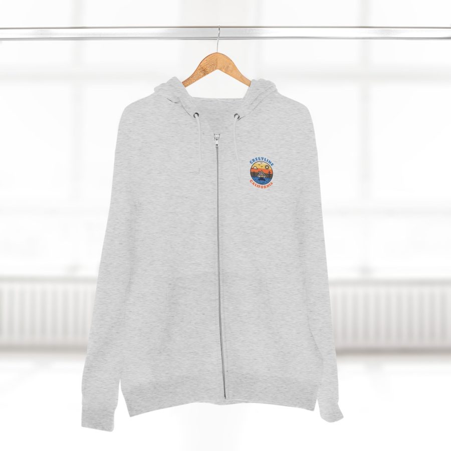 crestline, ca premium zip hoodie with our lakeside cabin sunset design