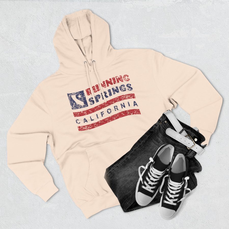 running springs premium hoodie with our flag wave, star, and state shape design