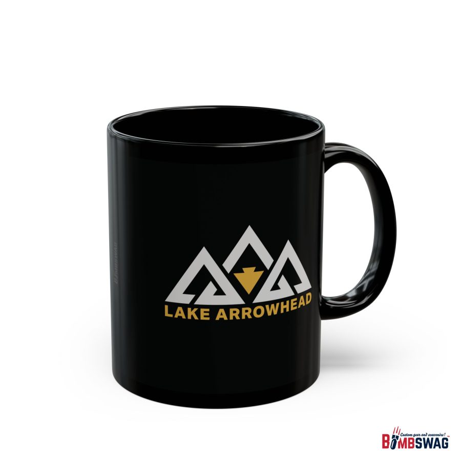 lake arrowhead black coffee mug with our black gold three peak arrowhead design