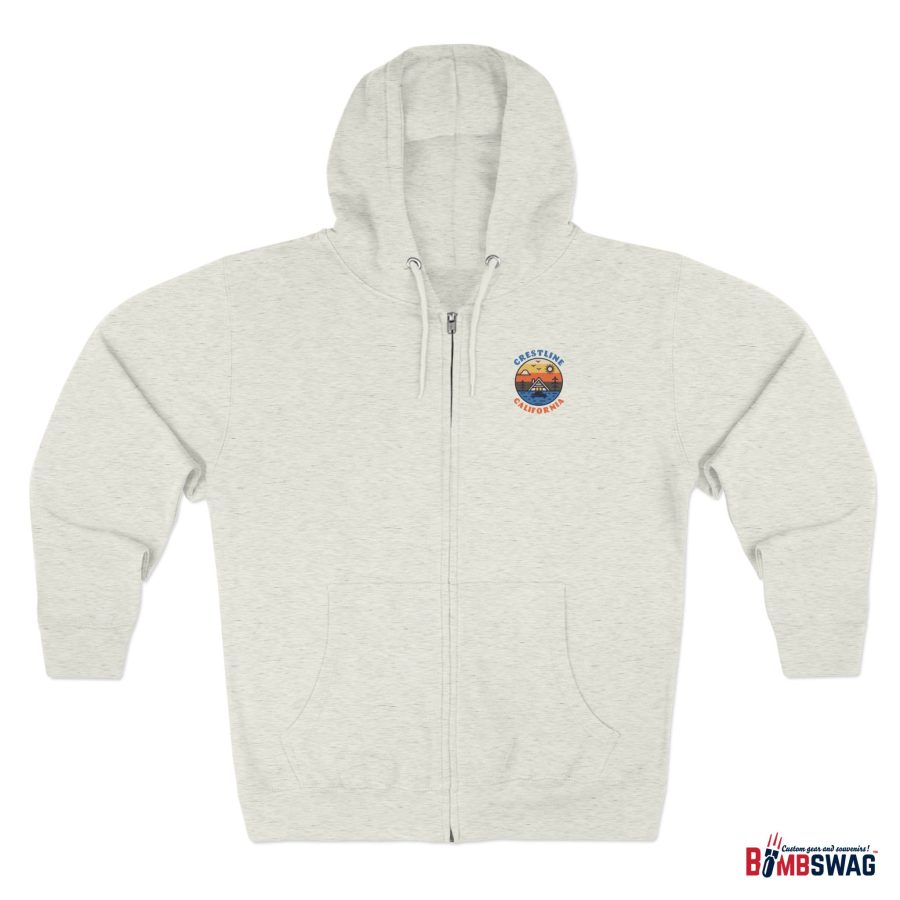 crestline, ca premium zip hoodie with our lakeside cabin sunset design