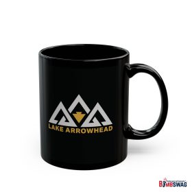 lake arrowhead black coffee mug with our black gold three peak arrowhead design