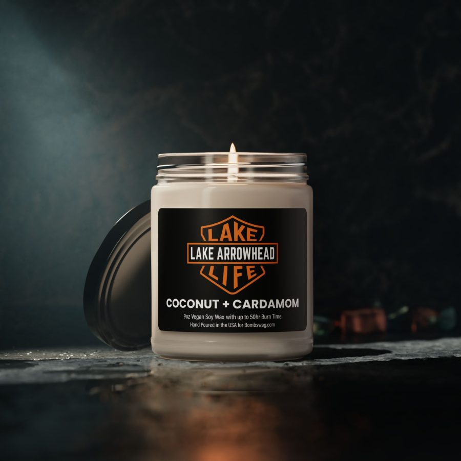 lake arrowhead candle with our signature lake life shield label art 9oz blended soy wax