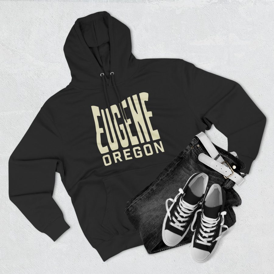 eugene oregon premium hoodie with custom state shaped typeface