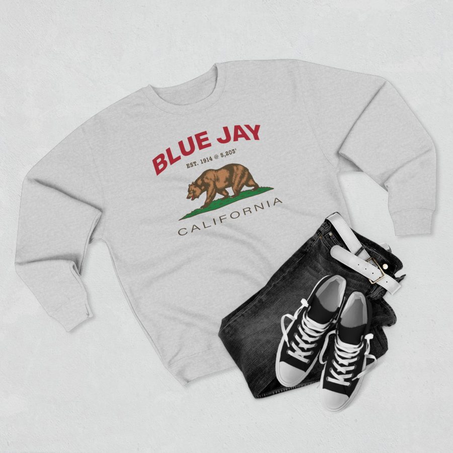 blue jay, ca premium california bear crewneck sweatshirt with est. date + elevation