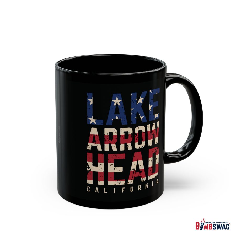 lake arrowhead black coffee mug styled with the american flag