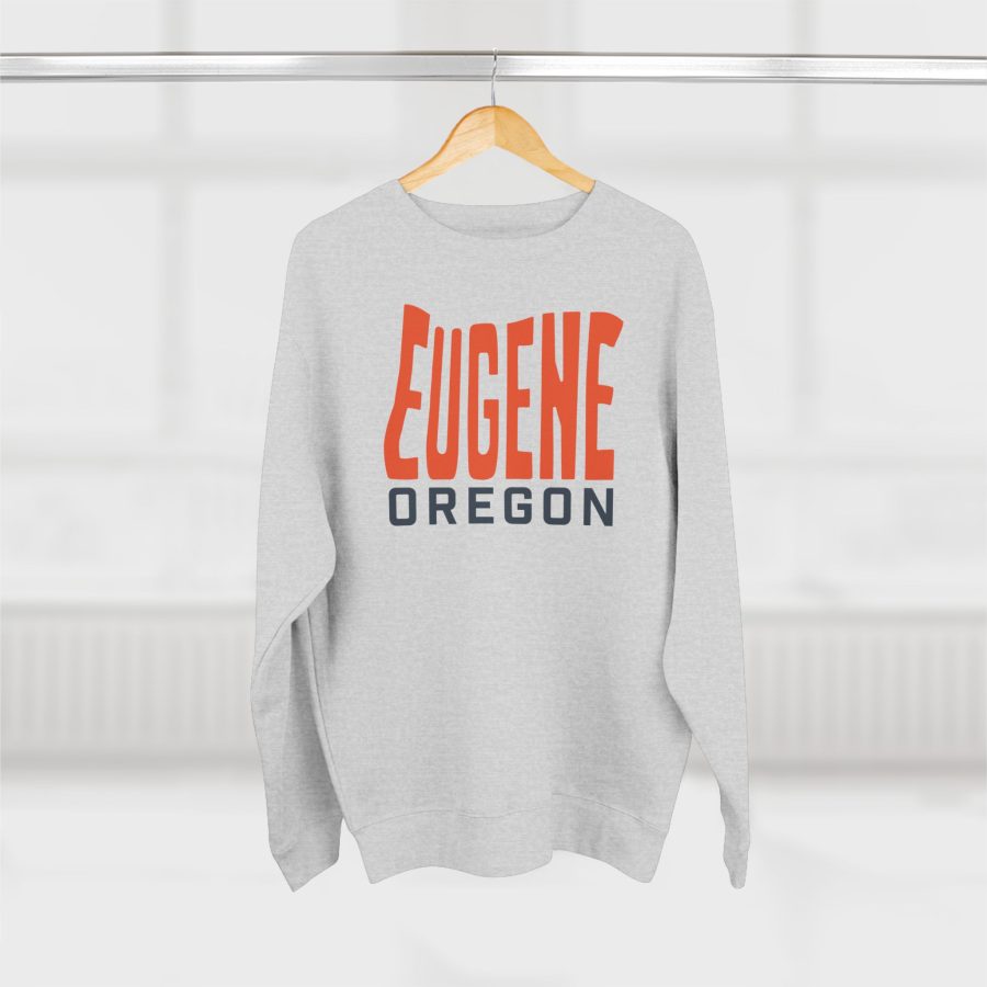 eugene premium crewneck sweatshirt with custom state shaped typeface