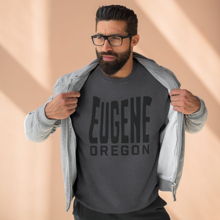 eugene premium crewneck sweatshirt with custom state shaped typeface