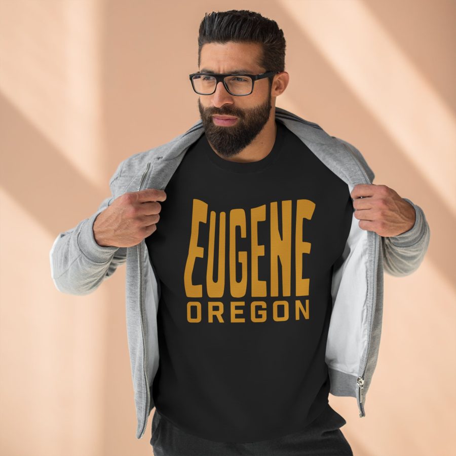 eugene premium crewneck sweatshirt with custom state shaped typeface