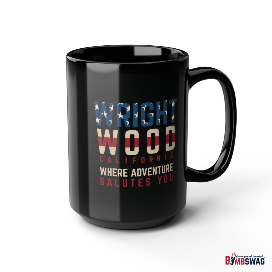 wrightwood, ca black patriotic coffee mug styled as the american flag where adventure salutes you