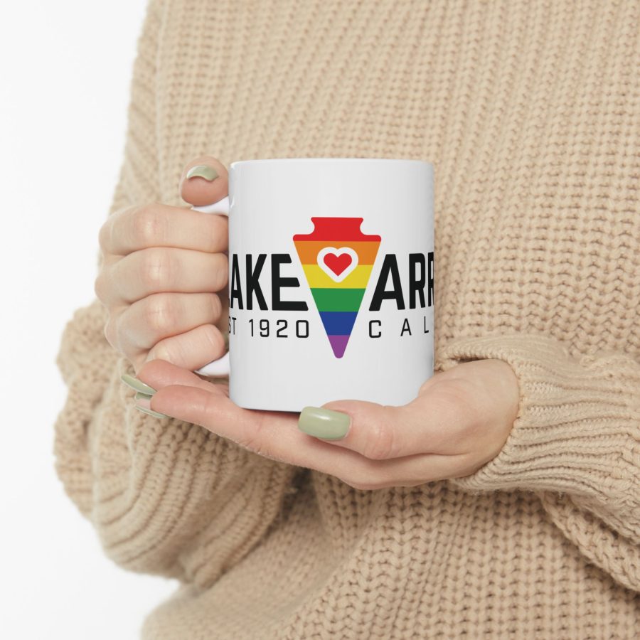 lake arrowhead coffee mug with our lgbtq+ arrowhead, heart, and font art