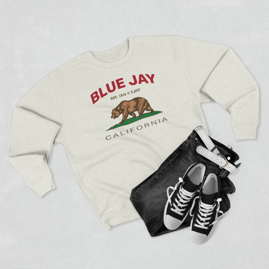 blue jay, ca premium california bear crewneck sweatshirt with est. date + elevation