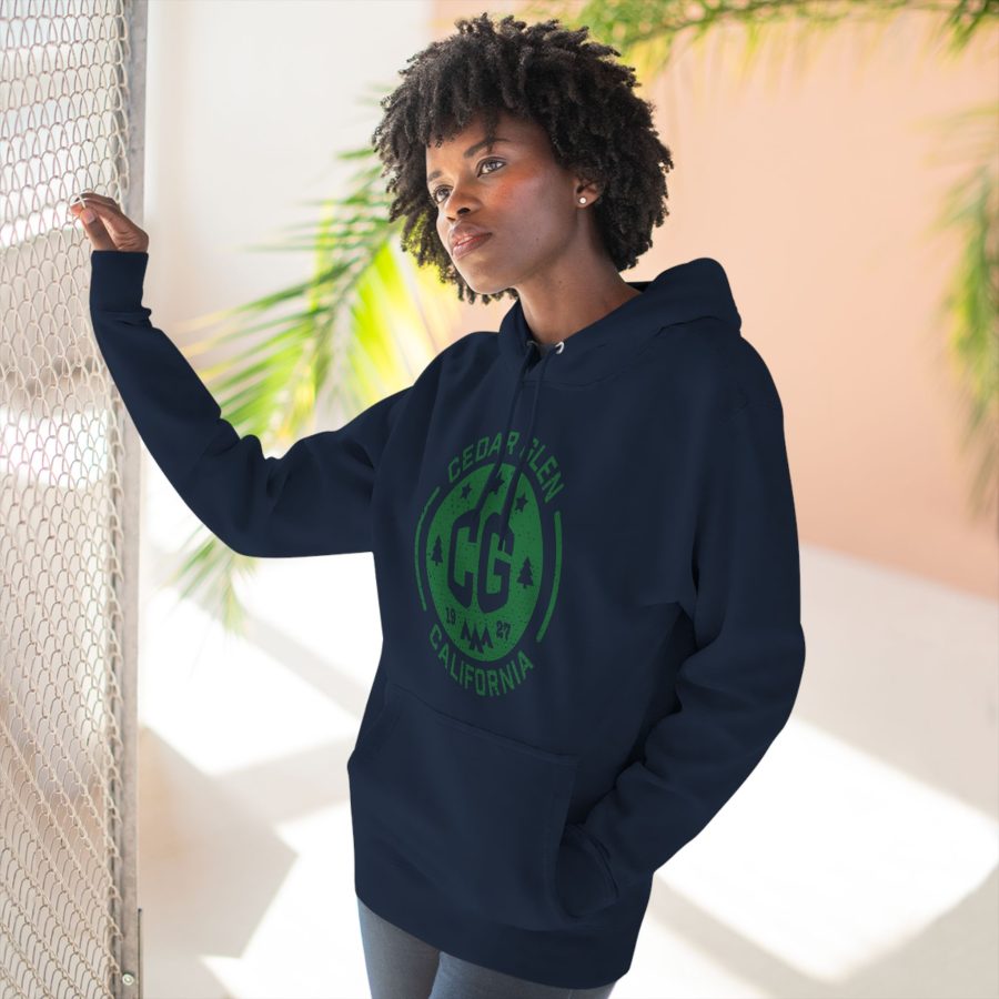 cedar glen premium hoodie with our cg, stars, and tents design