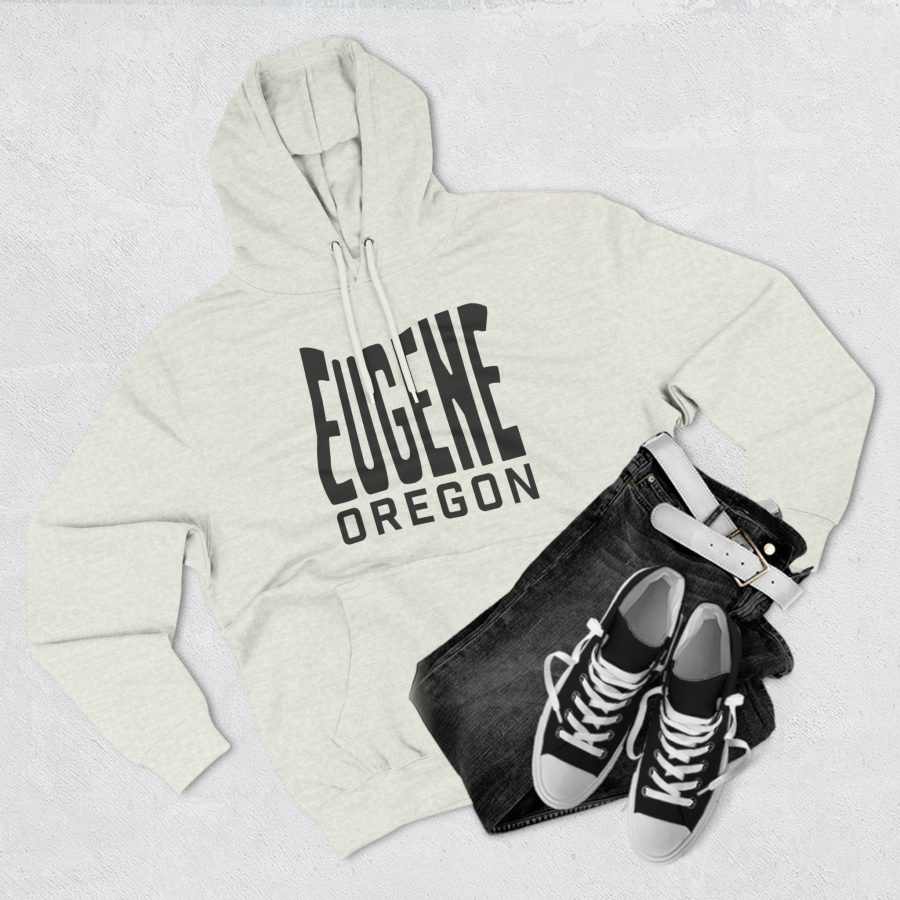 eugene oregon premium hoodie with custom state shaped typeface