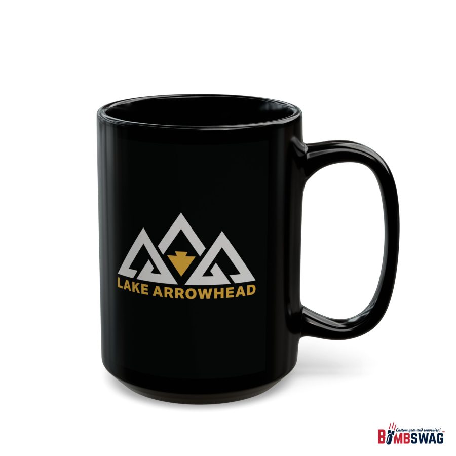 lake arrowhead black coffee mug with our black gold three peak arrowhead design